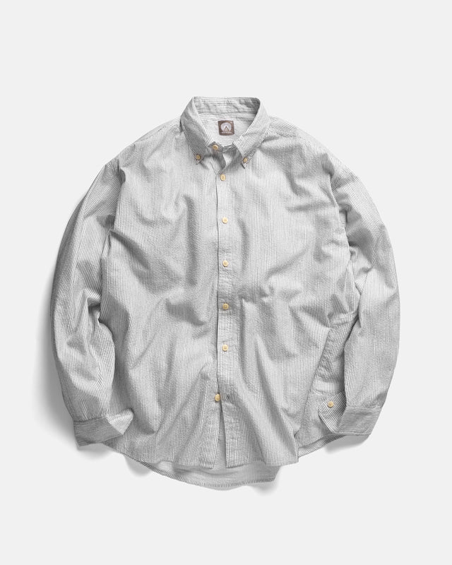AMER EASTERN BUTTON DOWN SHIRT - WHITE POPLIN WITH BLACK EMBROIDERED PENCIL STRIPES