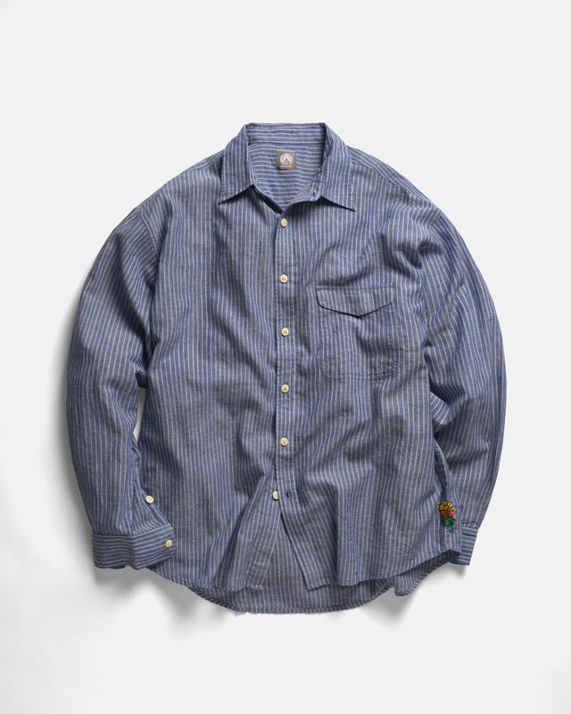 LOCUST SOFT POINT COLLAR SHIRT - FRENCH BLUE / WHITE / CHOCOLATE STRIPED SUMMER WEIGHT KHADI