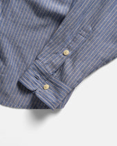 LOCUST SOFT POINT COLLAR SHIRT - FRENCH BLUE / WHITE / CHOCOLATE STRIPED SUMMER WEIGHT KHADI