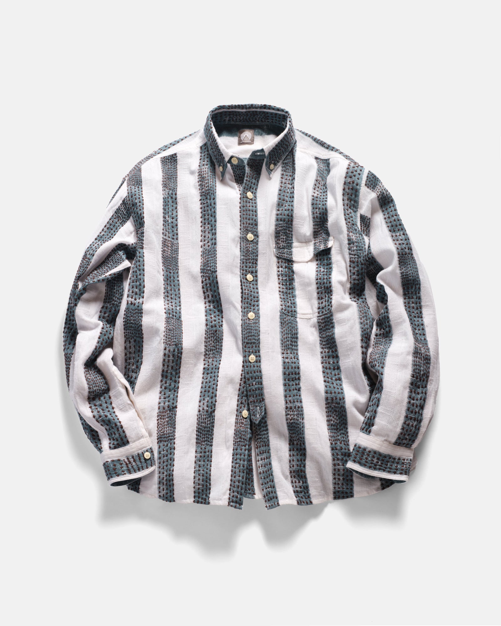 Chestnut Button Down Shirt Natural Indigo Caffe Block Printed And Hand Embroidered Jacquard Stripe Cotton