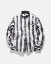CHESTNUT BUTTON-DOWN SHIRT - NATURAL / INDIGO / CAFFE BLOCK PRINTED AND HAND EMBROIDERED JACQUARD STRIPE COTTON