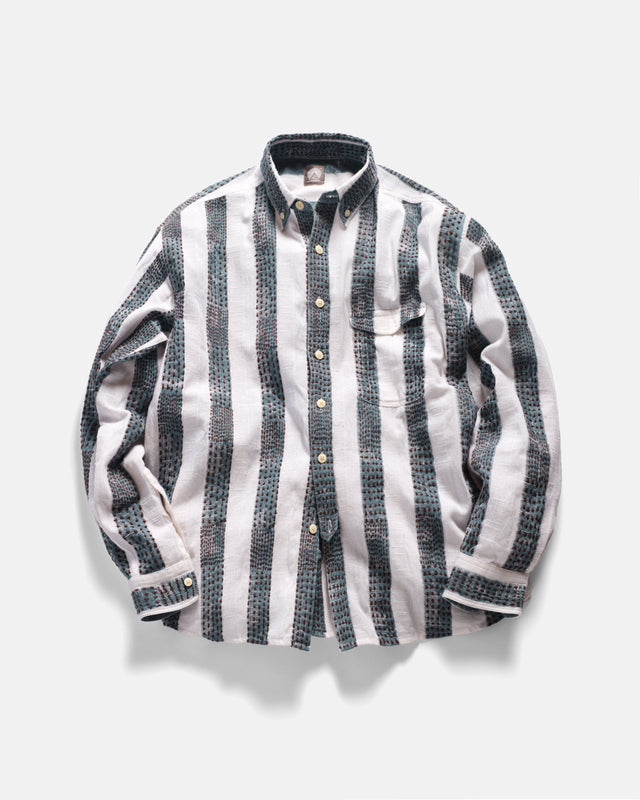 CHESTNUT BUTTON-DOWN SHIRT - NATURAL / INDIGO / CAFFE BLOCK PRINTED AND HAND EMBROIDERED JACQUARD STRIPE COTTON