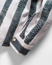 Chestnut Button Down Shirt Natural Indigo Caffe Block Printed And Hand Embroidered Jacquard Stripe Cotton