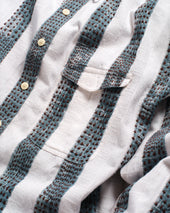 Chestnut Button Down Shirt Natural Indigo Caffe Block Printed And Hand Embroidered Jacquard Stripe Cotton