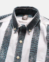 Chestnut Button Down Shirt Natural Indigo Caffe Block Printed And Hand Embroidered Jacquard Stripe Cotton