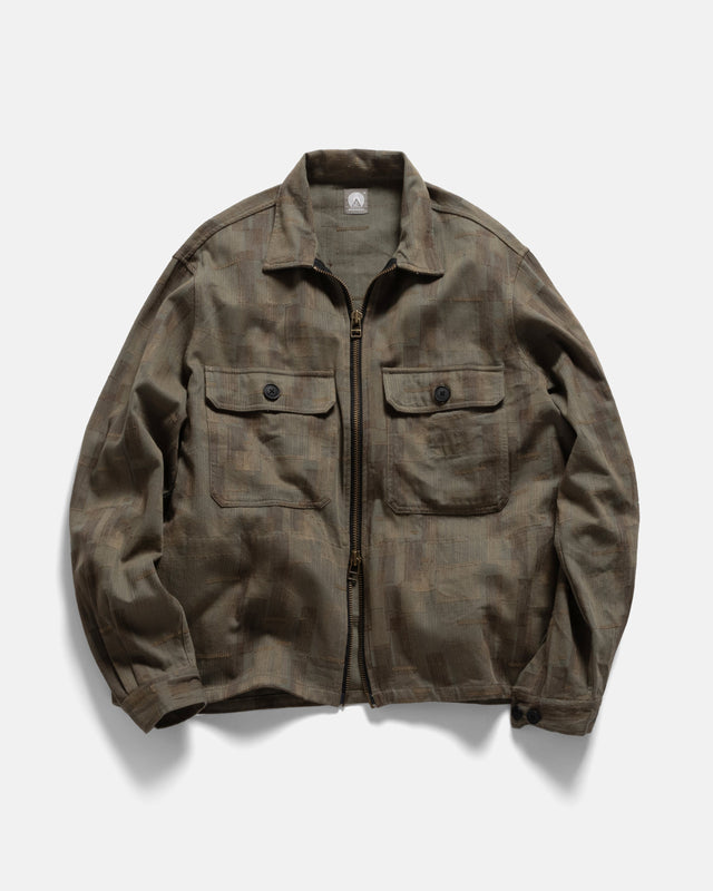 FULL ZIP CALEB SHIRT - MULLED BASIL / COVERT GREEN / BLACK SCATTER EMBROIDERED HBT MIL-SPEC COTTON