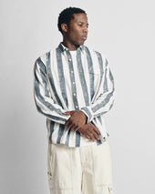 Chestnut Button Down Shirt Natural Indigo Caffe Block Printed And Hand Embroidered Jacquard Stripe Cotton