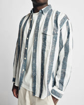 Chestnut Button Down Shirt Natural Indigo Caffe Block Printed And Hand Embroidered Jacquard Stripe Cotton