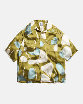 SS WES SHIRT - OLIVE MOSS RIVERBED ROCKS PRINTED VEGAN SILK