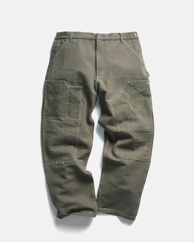 ELI HAND-EMBROIDERED DOUBLE KNEE WORK PANT - AGED SAGE HANDSPUN COTTON CANVAS