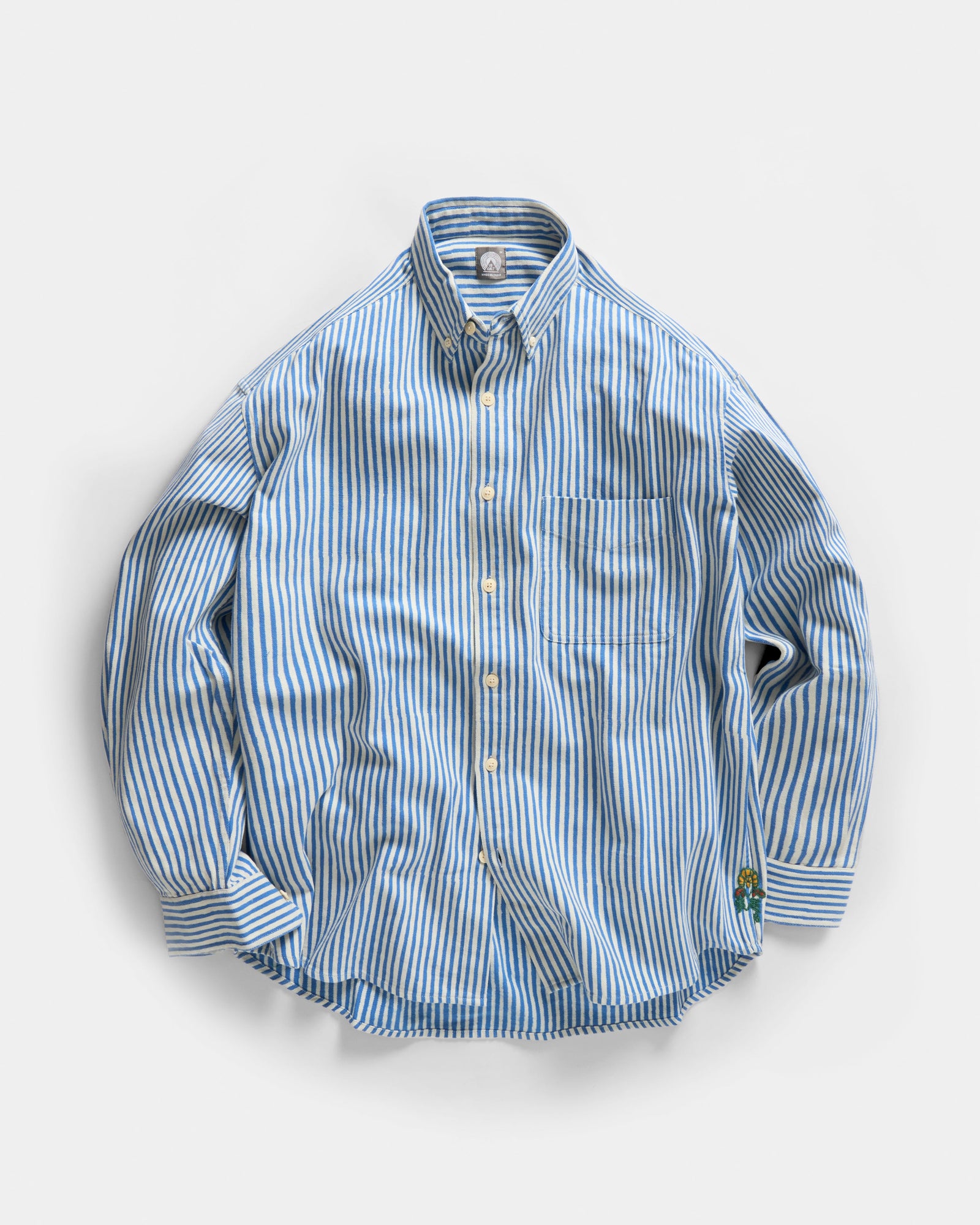 Wolf Button Down Shirt Natural Ecru Hand Block Printed Discharge Striped Cotton Oxford