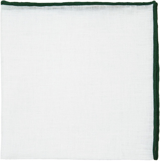 Irish Linen Shoestring Pocket Square - White / Forest Green