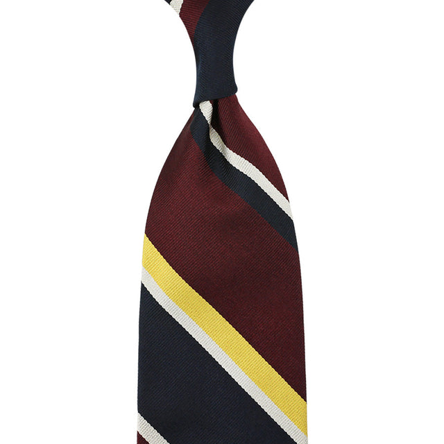 Repp Stripe Silk Tie - Burgundy / Navy / Yellow - Hand-Rolled