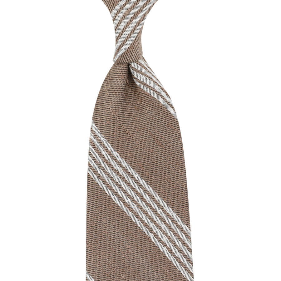 Striped Soft Shantung Silk Tie Beige Hand Rolled