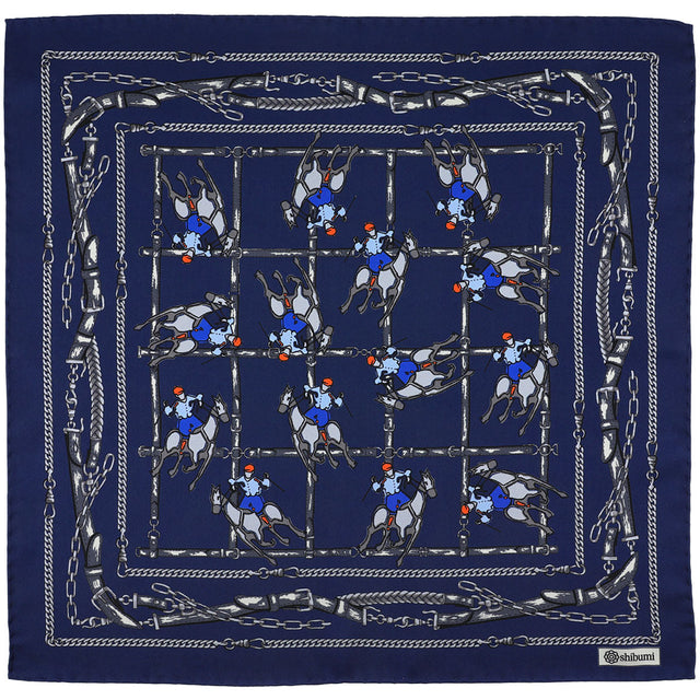Equestrian Motif Silk Pocket Square - Navy - 40x40cm