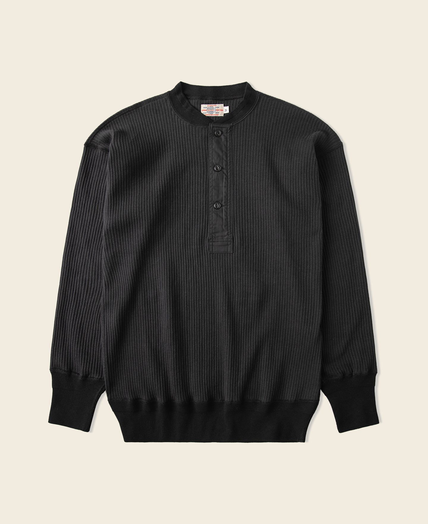 Ribbed Long Sleeve Henley T-Shirt - Black