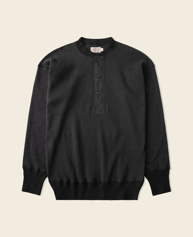 Ribbed Long Sleeve Henley T-Shirt - Black
