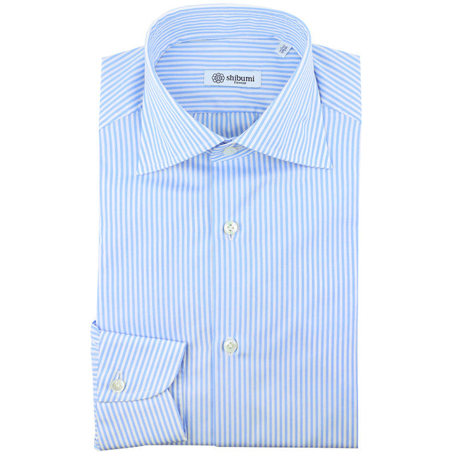 Poplin Semi Spread Shirt - White / Sky Blue - Pencil Stripe