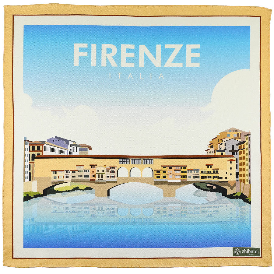 Firenze Travel Poster Silk Pocket Square Ponte Vecchio 40x40cm