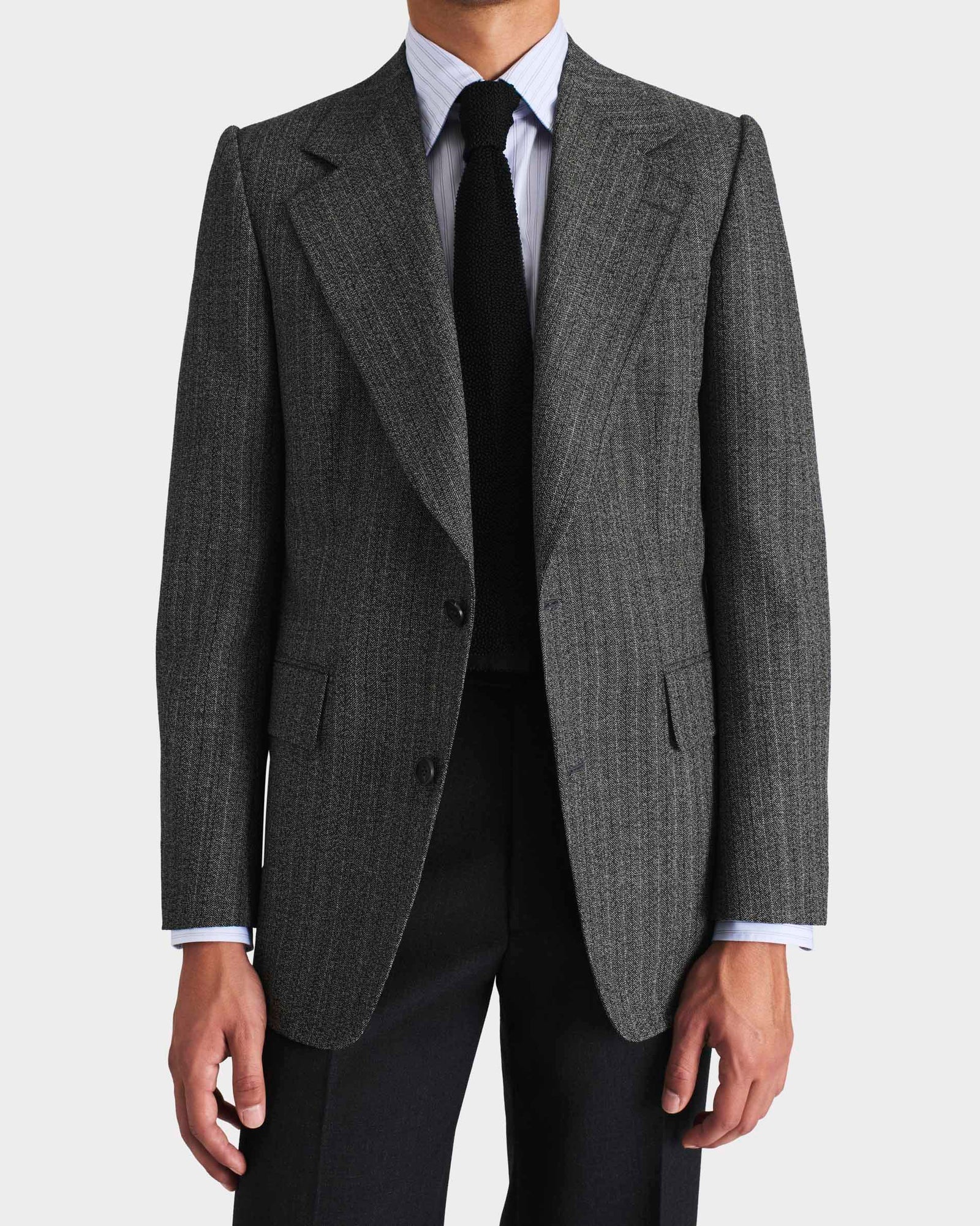 Veste Droite En Serg De Laine Et Mohair 2 Ply Chevrons Noir Et Gris