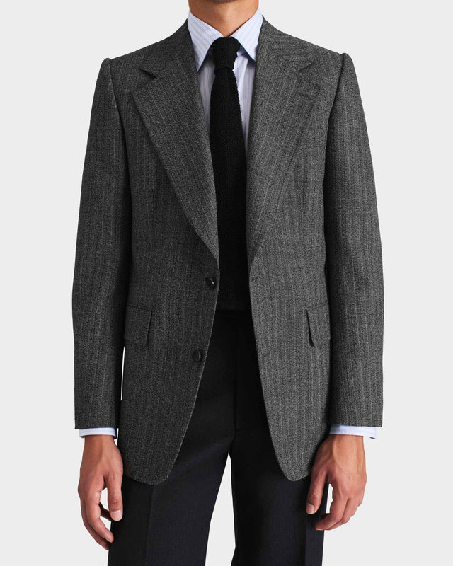 VESTE DROITE EN SERGÉ DE LAINE ET MOHAIR 2-PLY - CHEVRONS NOIR ET GRIS