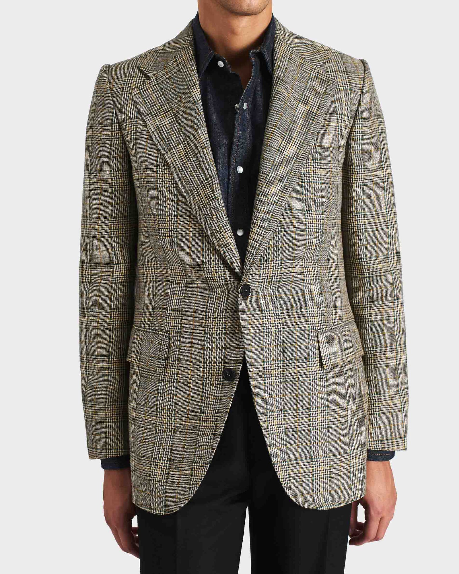 Veste Droite En Serg De Laine Peign E Et Lin Bleu Marine Et Sarcelle Glencheck