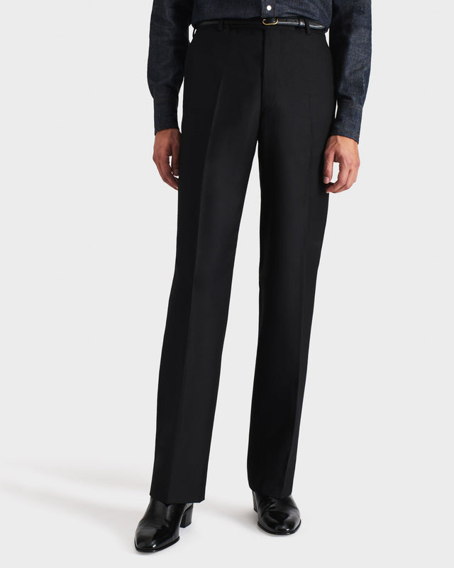 PANTALON DROIT EN SERGÉ DE LAINE PEIGNÉE - NOIR