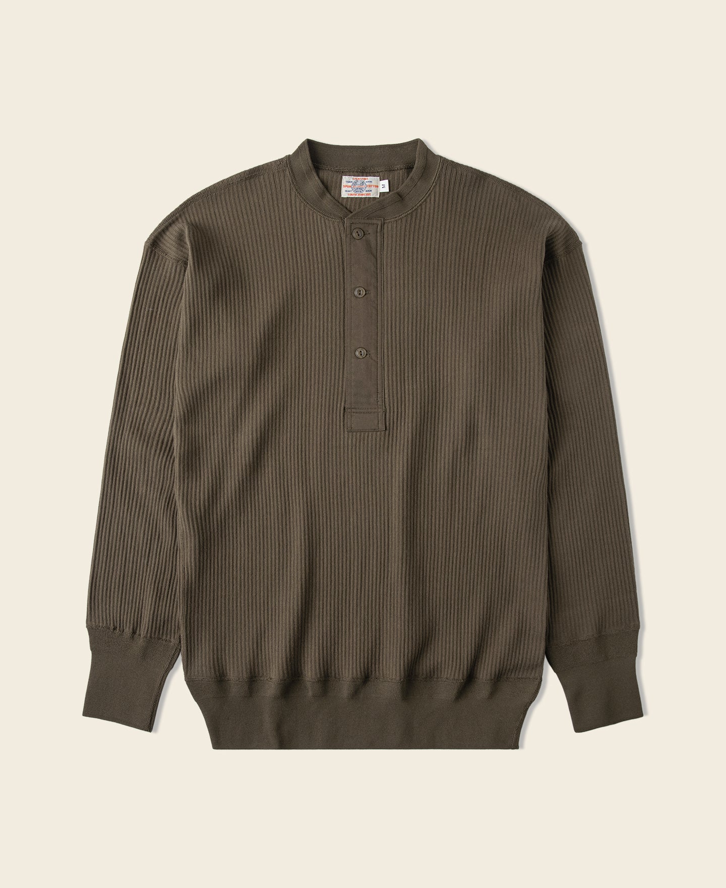 Ribbed Long Sleeve Henley T-Shirt - Olive Brown