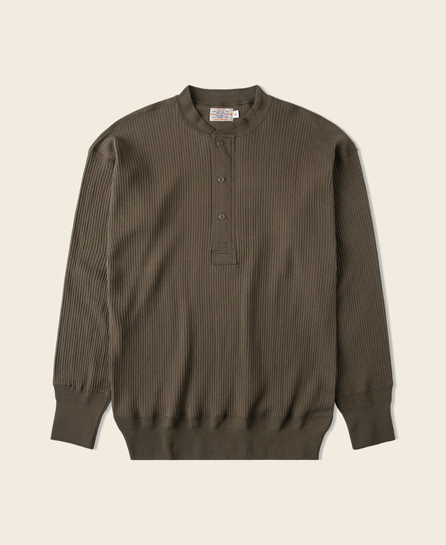 Ribbed Long Sleeve Henley T-Shirt - Olive Brown