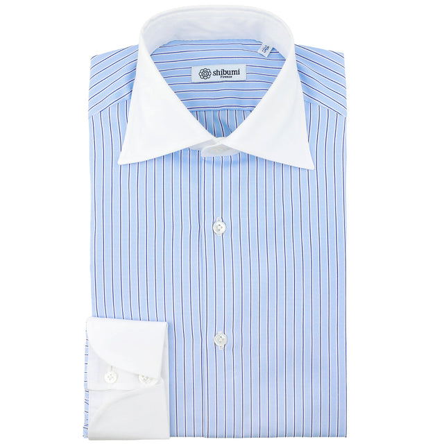 Poplin Semi Spread Shirt - Blue - Ticking Stripe - Cocktail Cuffs