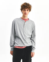 Henley Neck L S T Shirts Melange Grey