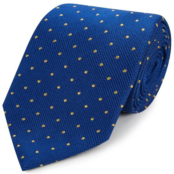 Dark Blue Yellow Textured Spot Woven Silk Tie