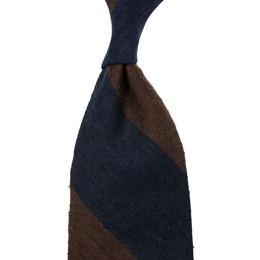 Block Stripe Shantung Silk Tie Brown Hand Rolled