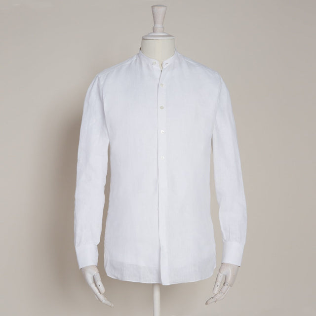 Collarless Linen Shirt With Fan Pleat In White