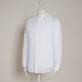 Collarless Linen Shirt With Fan Pleat In