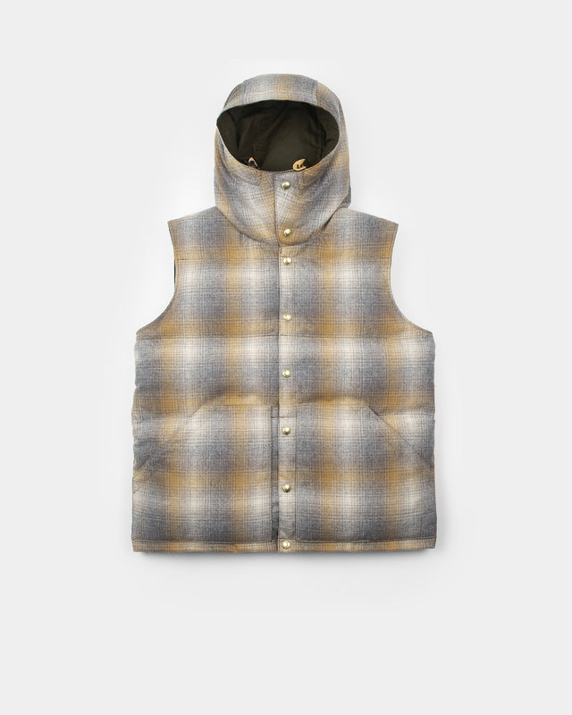 Down Italian Vest - Reversible Wool Flannel & Dry Wax Cotton - Meadow Plaid