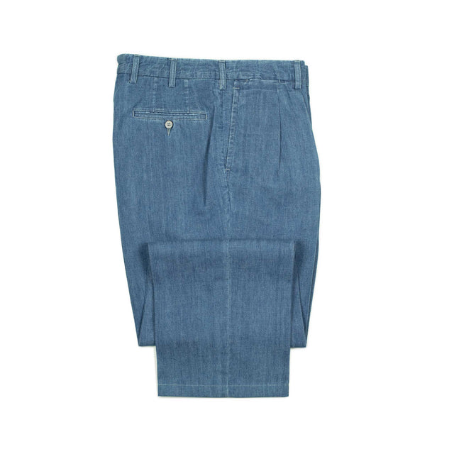 Brooklyn double-pleated high-rise wide trousers in washed cotton denim