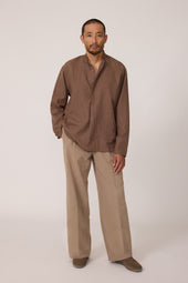 Band Collar Popover Linen Wool Silk Deco Check