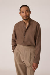 Band Collar Popover Linen Wool Silk Deco Check