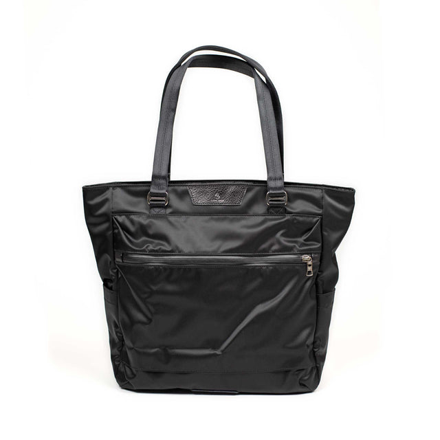 Progress travel tote bag in black nylon and black shrunken leather