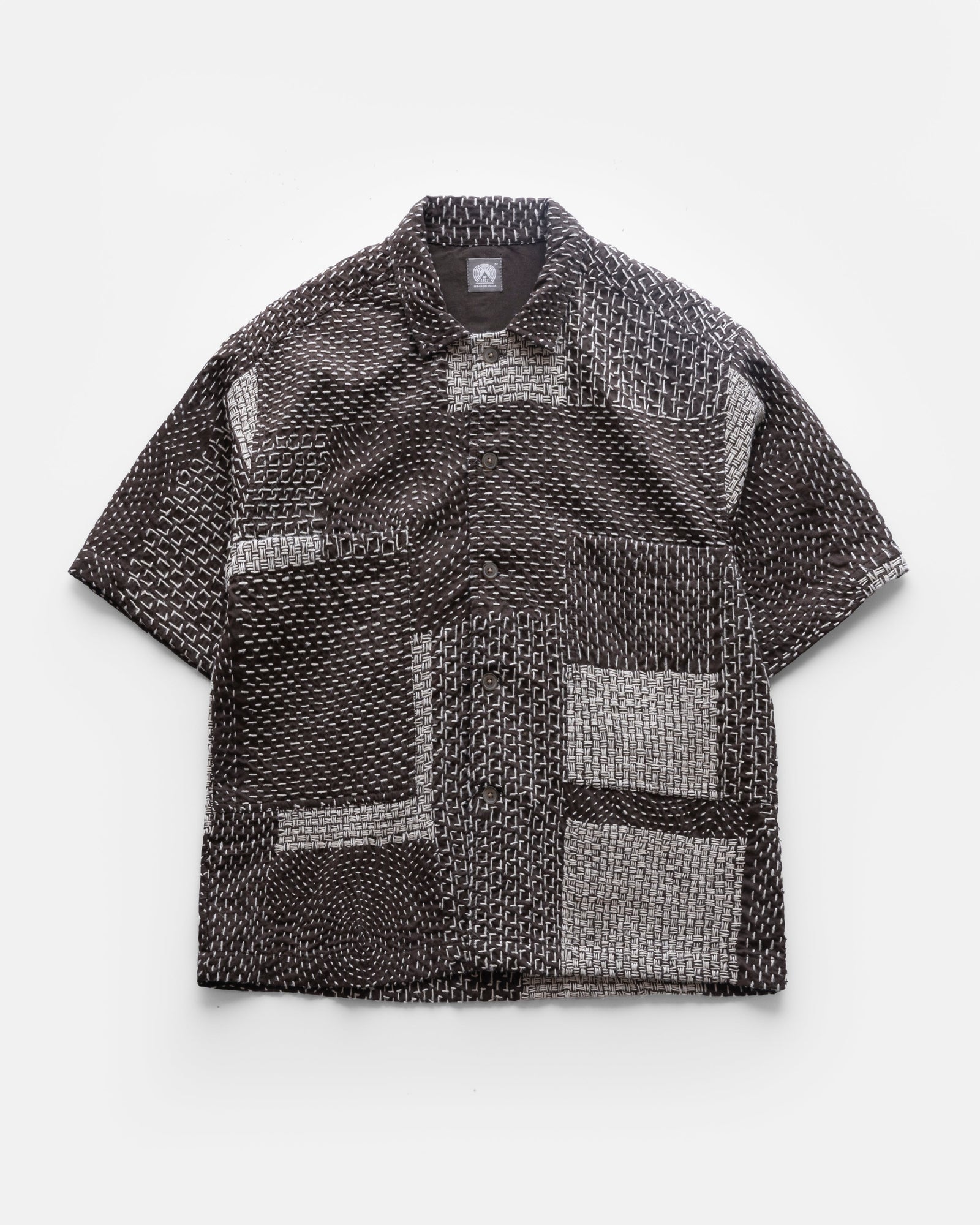S/S SAM SHIRT - FONDENTE BROWN / ECRU PATCHWORK KANTHA STITCHED COTTON