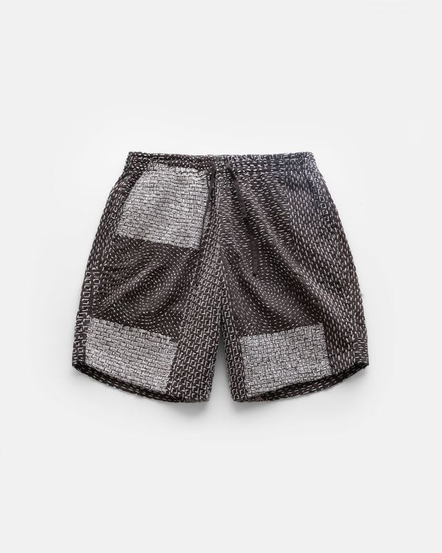 JAIPUR EASY SHORTS - FONDENTE BROWN / ECRU PATCHWORK KANTHA STITCHED COTTON
