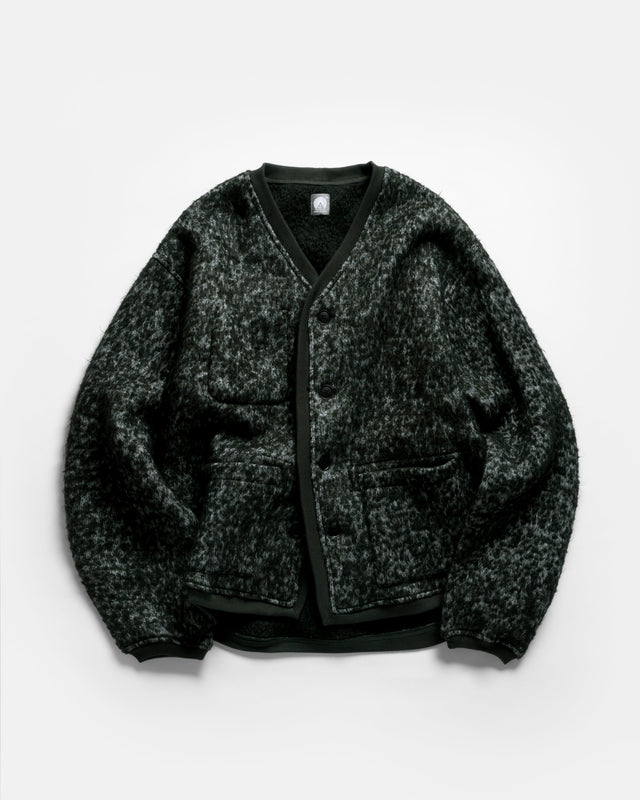 FOLA V-NECK CARDIGAN - MIRKWOOD GREEN REVERSE BOUCLÉ BLENDED WOOL