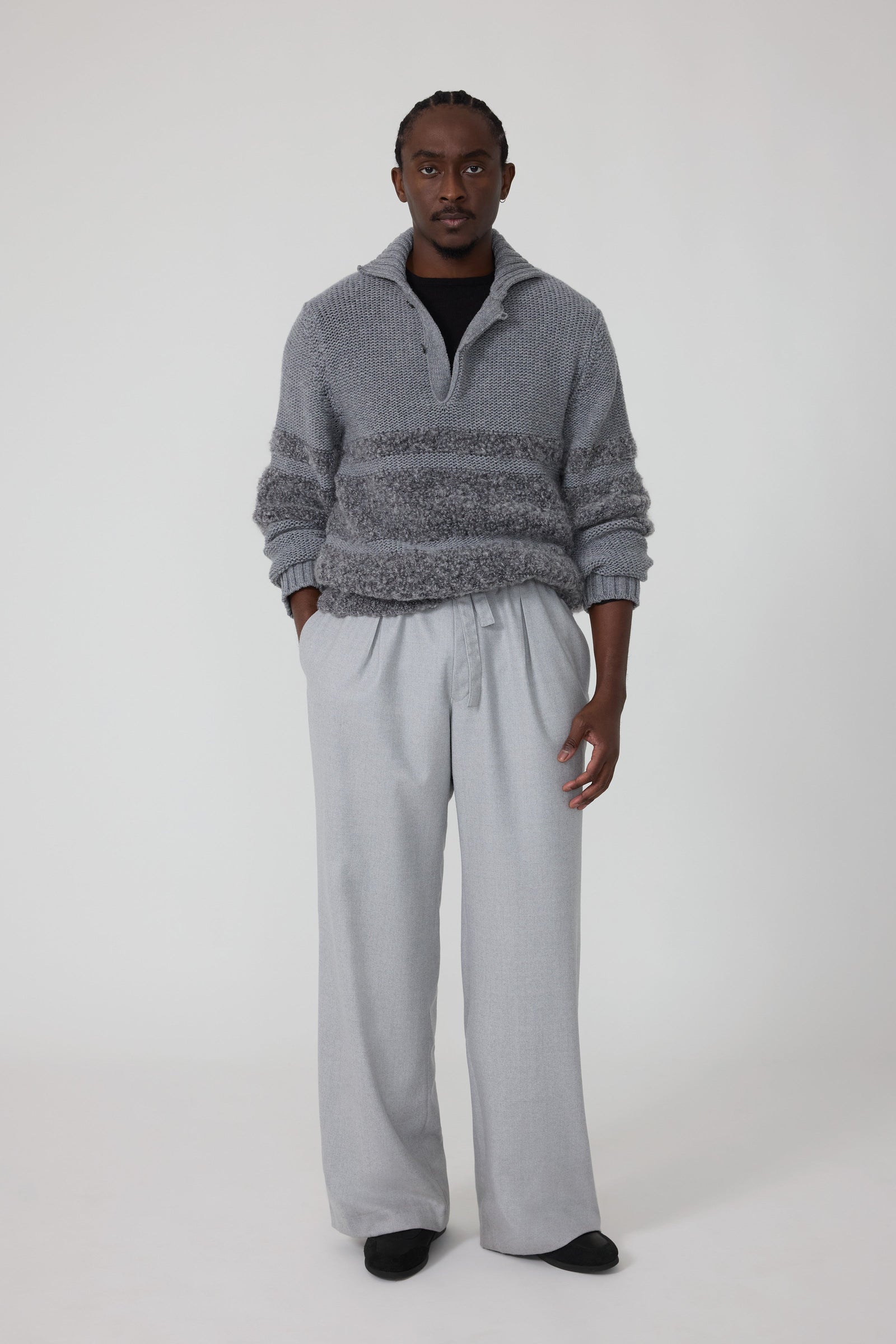 Ribollita Polo Grey Cashmere Mohair Wool Silk Stripe