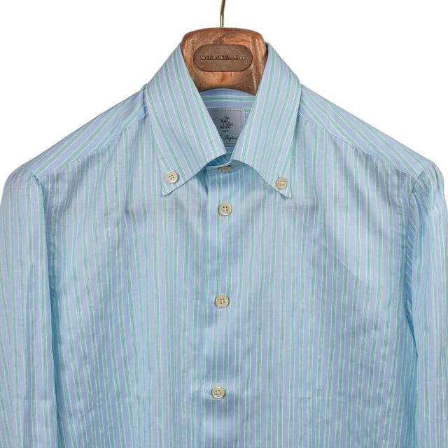 Buttoned collar shirt in blue and green cotton and linen