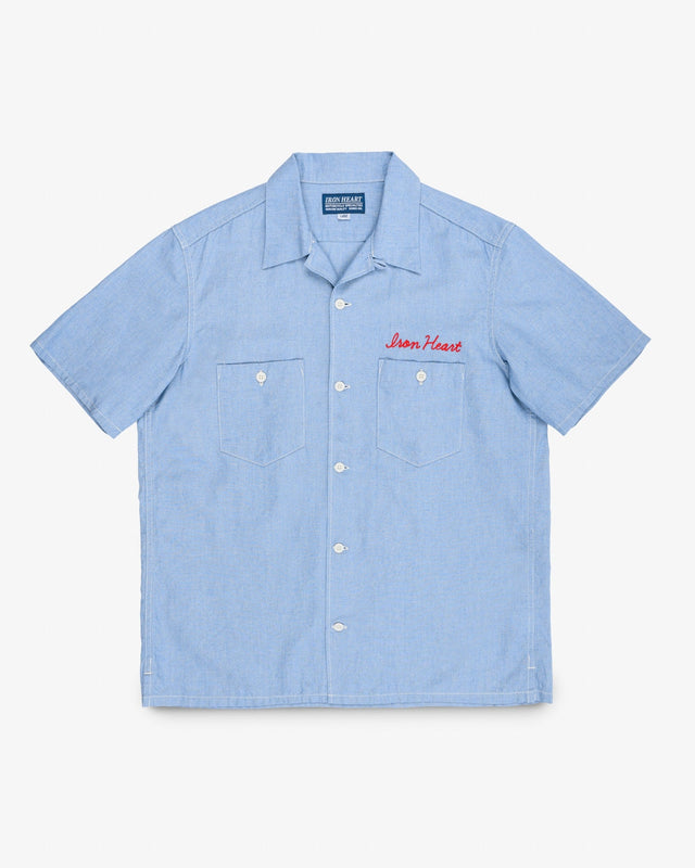 5oz Cotton Linen Open Collar Short Sleeve Shirt - Sax Blue