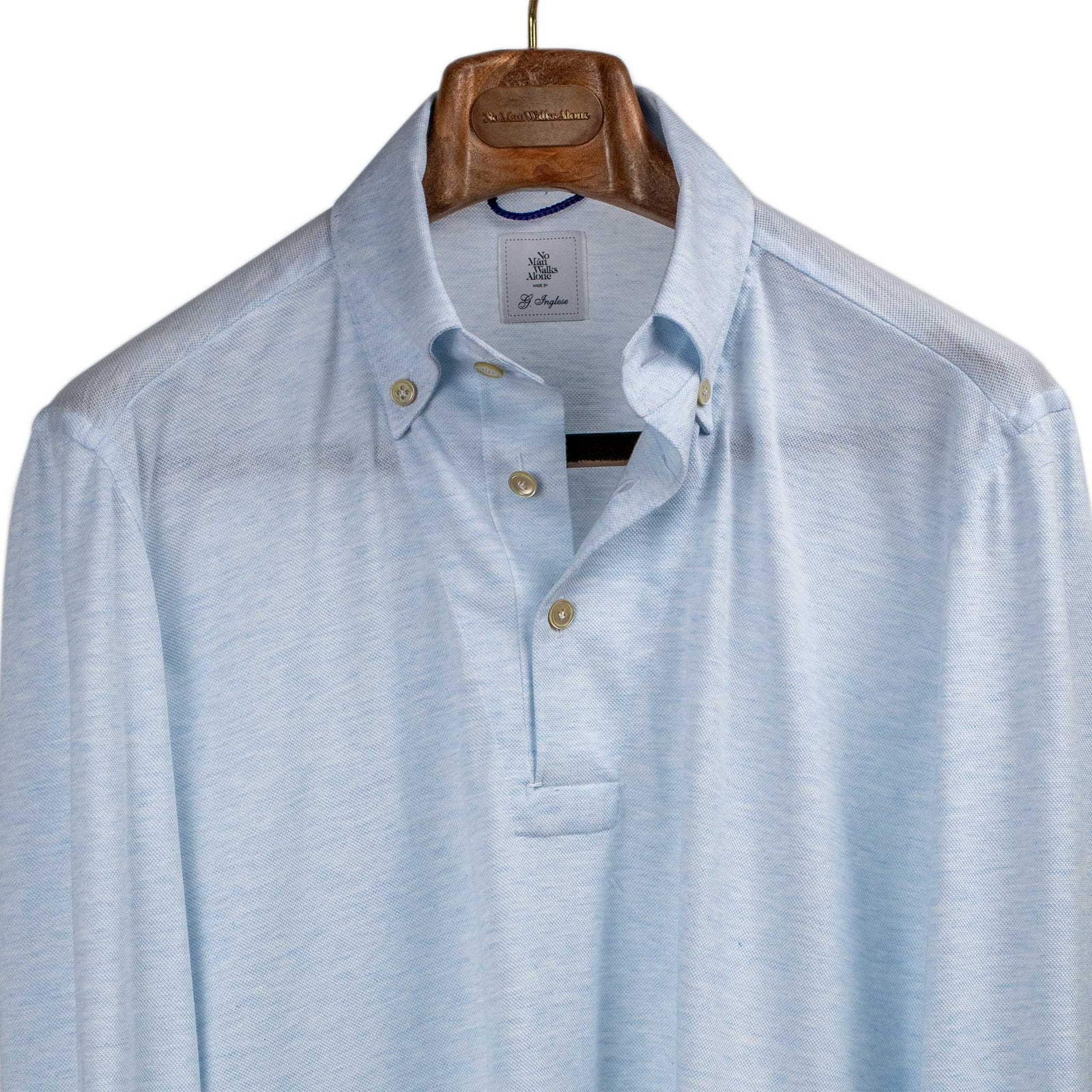 Exclusive Buttoned Collar Long Sleeve Polo Shirt In Pale Cotton Pique
