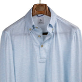 Exclusive buttoned collar long sleeve polo shirt in pale blue cotton pique