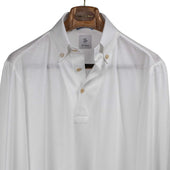 Exclusive buttoned collar long sleeve polo shirt in white cotton pique