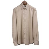 Buttoned Collar Shirt In Beige Cotton Herringbone Soft Flannel